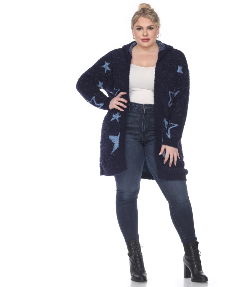 Front of a model wearing a size 2X/3X Hooded Open Front Sherpa Coat in Navy/Light Blue Stars by White Mark. | dia_product_style_image_id:247394